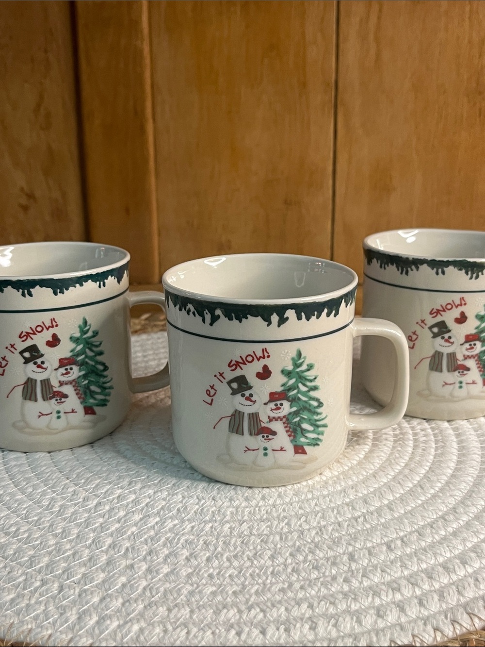 Vintage-Set of 3, “Let it Snow” Stoneware Mugs By Atico International-1998